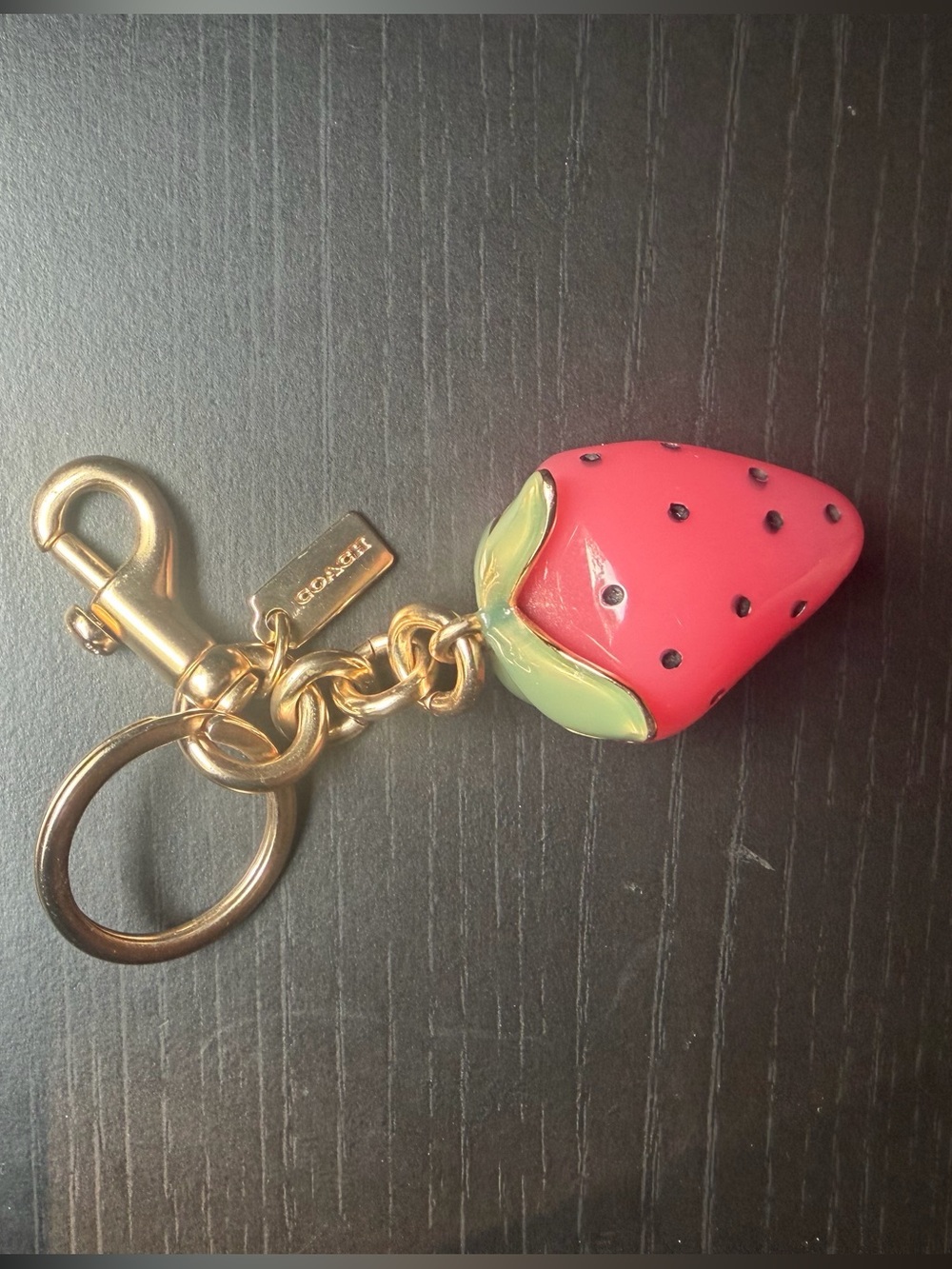 Coach Gold-Tone resin Keychain/bag charm with Pink Strawberry and Green Leaves